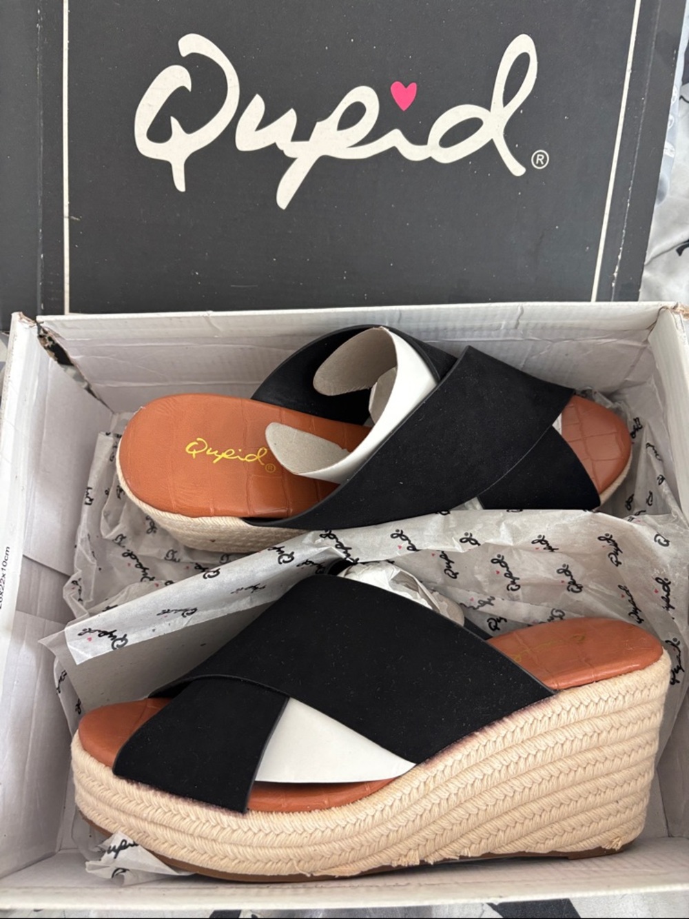 Qupid Black and White Crisscross Espadrille Wedge Sandals